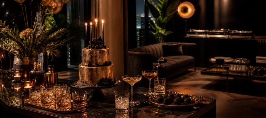 Compleanno moderno per adulti con atmosfera elegante, musica, luci soffuse e tavolo chic