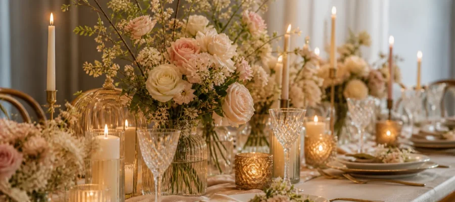 Centrotavola per compleanno elegante con fiori freschi, candele, vasi in vetro e decorazioni naturali