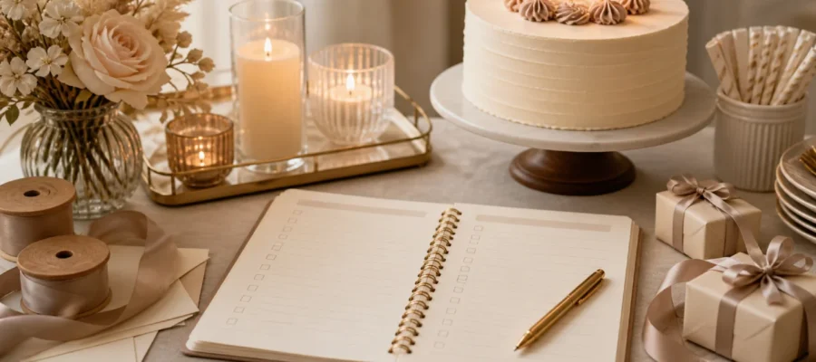 Checklist per festa di compleanno con agenda, torta, decorazioni eleganti e organizzazione passo dopo passo