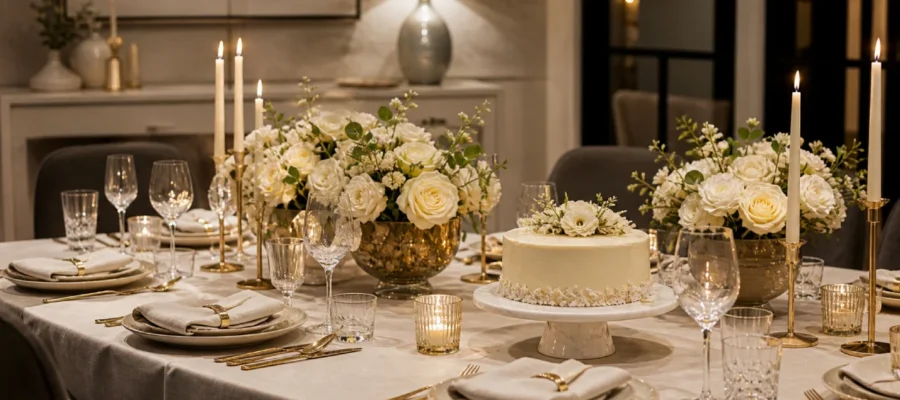 Tavolo di compleanno elegante e moderno con candele, fiori, piatti raffinati e luci calde