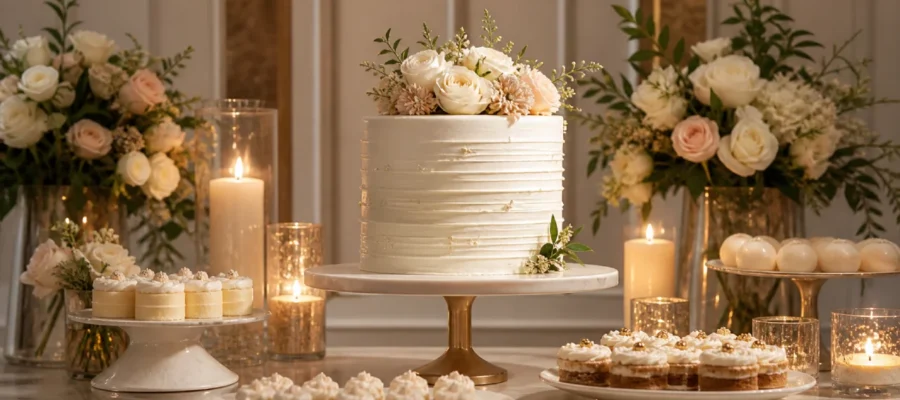 Tavolo della torta decorato per compleanno speciale con fiori, candele, alzate e luci calde