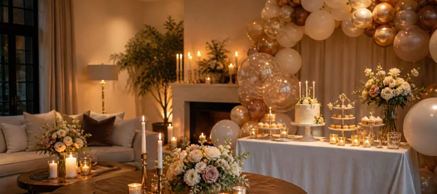 Stanza decorata per festa di compleanno con palloncini, tavolo dolci, luci calde e decorazioni eleganti