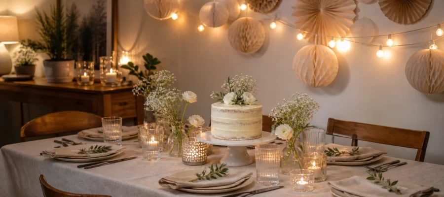Festa di compleanno con poco budget, tavola semplice, luci calde, torta e decorazioni fai da te eleganti
