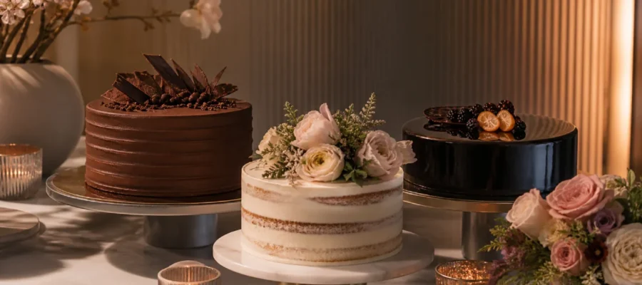 Torte eleganti per festa di compleanno con decorazioni moderne, fiori, cioccolato, glassa lucida e tavolo raffinato