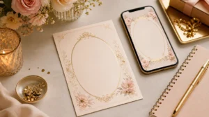 Invito elegante per festa di compleanno con biglietto raffinato, smartphone, fiori delicati e dettagli dorati