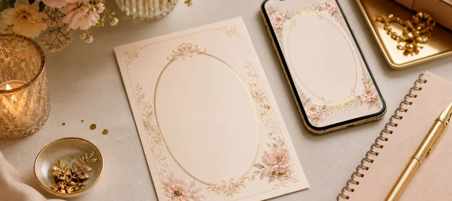 Invito elegante per festa di compleanno con biglietto raffinato, smartphone, fiori delicati e dettagli dorati