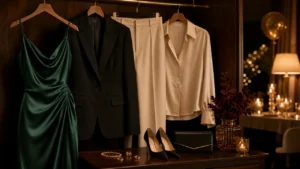 Outfit elegante per compleanno con abito midi, blazer, accessori raffinati, scarpe eleganti e colori sofisticati