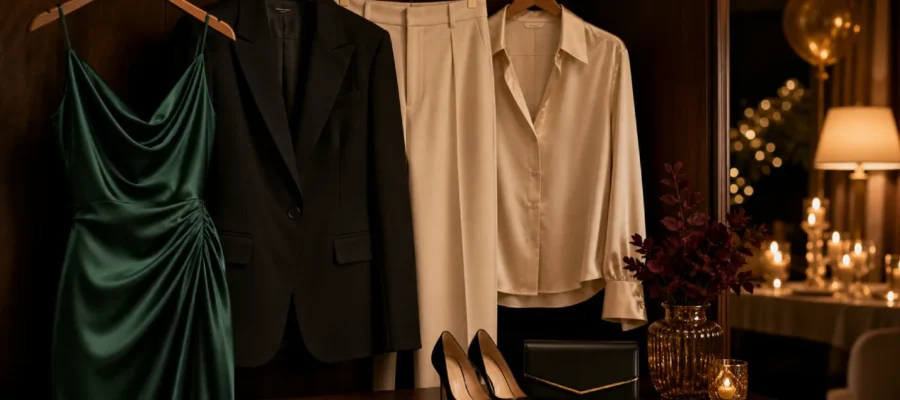 Outfit elegante per compleanno con abito midi, blazer, accessori raffinati, scarpe eleganti e colori sofisticati