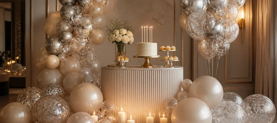 Decorazioni con palloncini per compleanno moderno ed elegante con tavolo torta, luci calde e colori raffinati