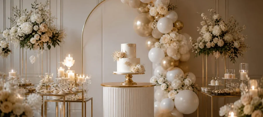 Decorazioni eleganti per compleanno con tavola chic, fiori freschi, candele e colori raffinati