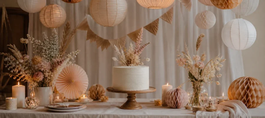 Decorazioni fai da te per festa di compleanno con lanterne, candele, tavolo elegante e dettagli artigianali