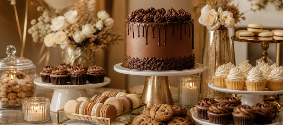 Dolci per festa di compleanno con torta al cioccolato, cupcake, biscotti, alzate eleganti e luci calde