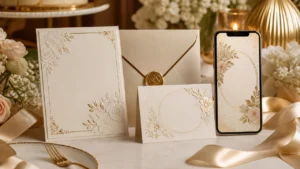 Inviti di compleanno eleganti con biglietti raffinati, smartphone, dettagli dorati, fiori e atmosfera chic