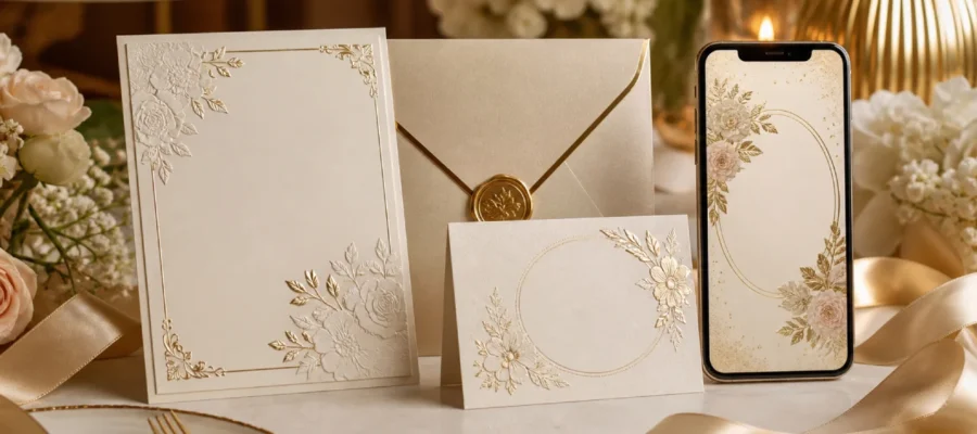 Inviti di compleanno eleganti con biglietti raffinati, smartphone, dettagli dorati, fiori e atmosfera chic