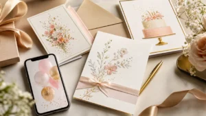 Biglietti di compleanno moderni e raffinati con carta elegante, dettagli dorati, fiori delicati e stile premium