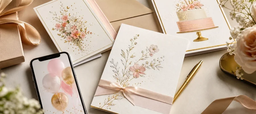 Biglietti di compleanno moderni e raffinati con carta elegante, dettagli dorati, fiori delicati e stile premium