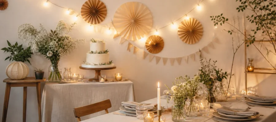 Compleanno economico ma elegante con decorazioni semplici, luci calde e tavolo curato