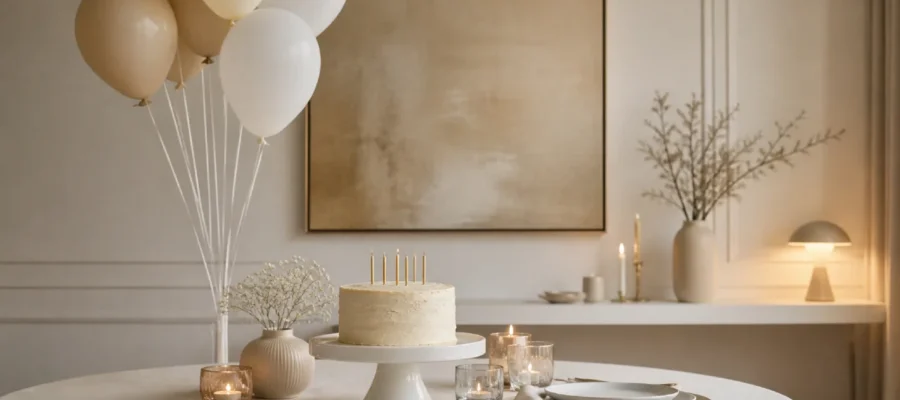 Decorazioni minimaliste per festa di compleanno con tavola elegante, colori neutri, candele e atmosfera raffinata