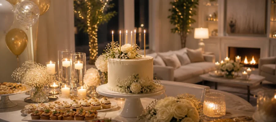 Festa di compleanno in casa con buffet elegante, decorazioni semplici e luci calde