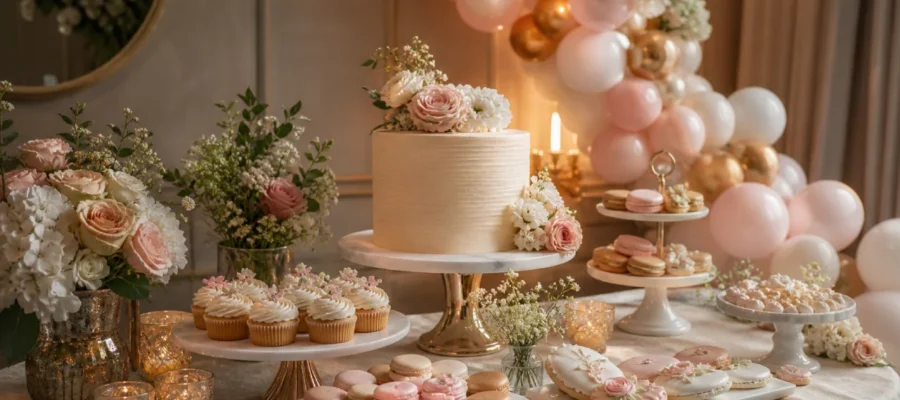 Tavolo dolci di compleanno scenografico con torta, cupcake, fiori, palloncini e luci calde