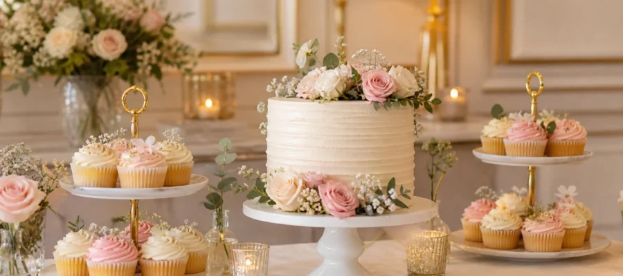 Tavolo dolci di compleanno con torta centrale, cupcake su alzate, fiori delicati e luci calde