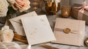 Inviti eleganti per compleanno con carta raffinata, buste, dettagli dorati, fiori delicati e atmosfera sofisticata