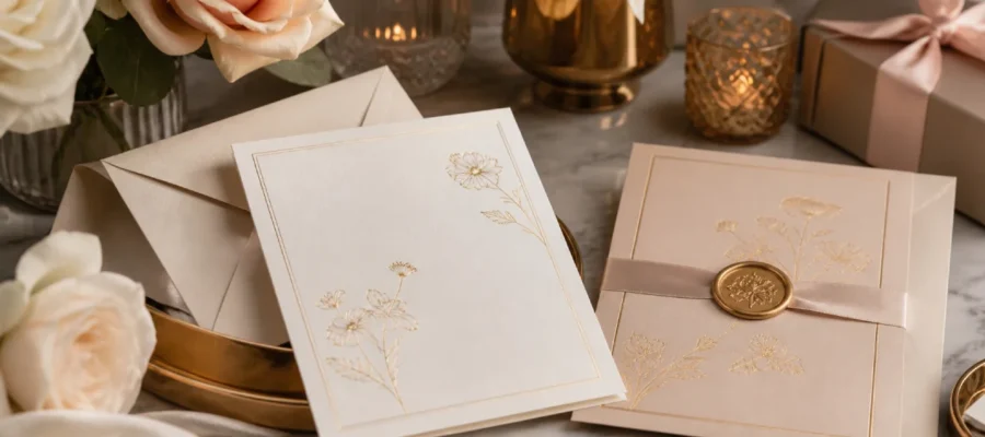 Inviti eleganti per compleanno con carta raffinata, buste, dettagli dorati, fiori delicati e atmosfera sofisticata