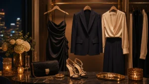 Look per compleanno serale con abito satinato, completo elegante, accessori oro, pochette e colori raffinati