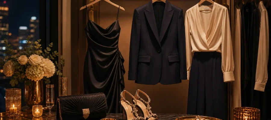 Look per compleanno serale con abito satinato, completo elegante, accessori oro, pochette e colori raffinati