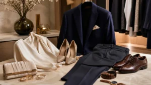 Outfit elegante per festa di compleanno donna e uomo con blazer, camicia, accessori raffinati e colori neutri