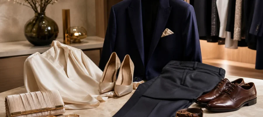 Outfit elegante per festa di compleanno donna e uomo con blazer, camicia, accessori raffinati e colori neutri