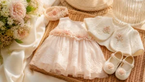 Outfit festa compleanno estiva per bambina con vestitino elegante, giacca leggera, fascia coordinata e colori pastello