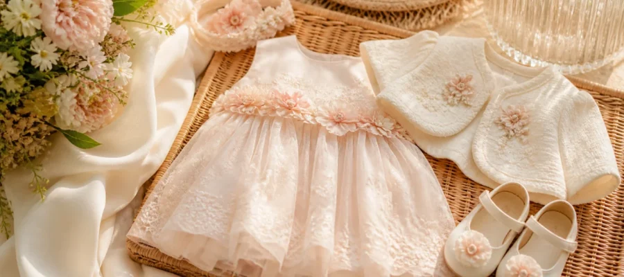 Outfit festa compleanno estiva per bambina con vestitino elegante, giacca leggera, fascia coordinata e colori pastello