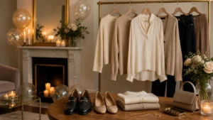 Outfit per compleanno in casa con pantaloni eleganti, blusa raffinata, cardigan, mocassini e accessori minimal