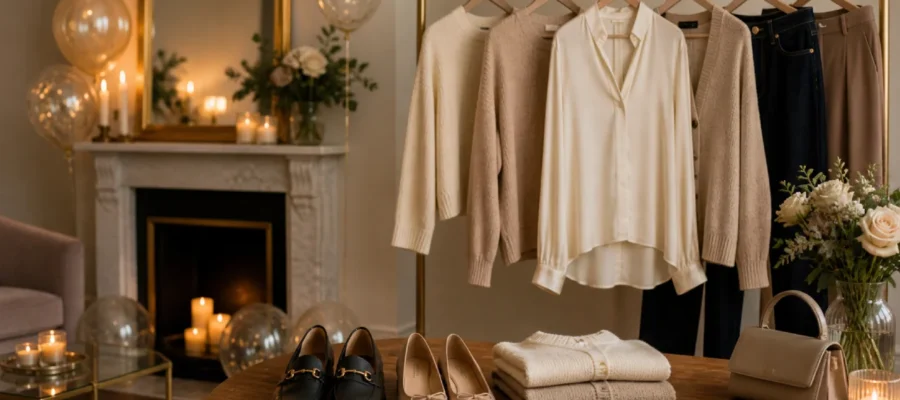 Outfit per compleanno in casa con pantaloni eleganti, blusa raffinata, cardigan, mocassini e accessori minimal