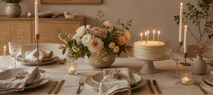 Tavolo compleanno minimalista con piatti eleganti, tovaglioli in lino, candele, fiori bassi e colori neutri