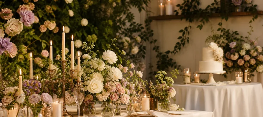 Tema floreale per compleanno con tavola elegante, rose, fiori pastello, candele e decorazioni naturali