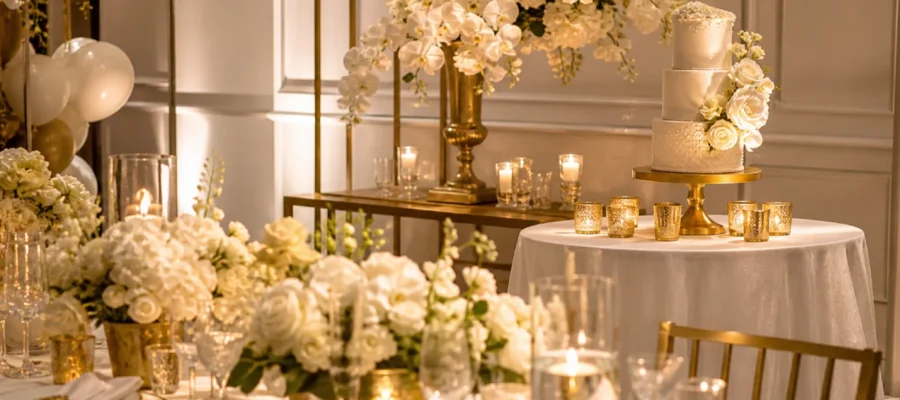 Tema oro e bianco per compleanno con tavola elegante, fiori bianchi, candele e dettagli dorati