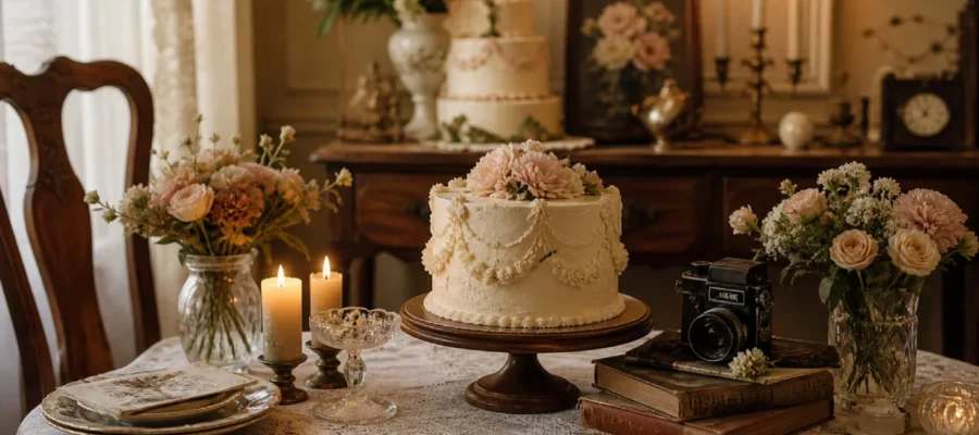 Tema vintage per compleanno con tavola retrò, fiori pastello, candele, libri antichi e decorazioni eleganti