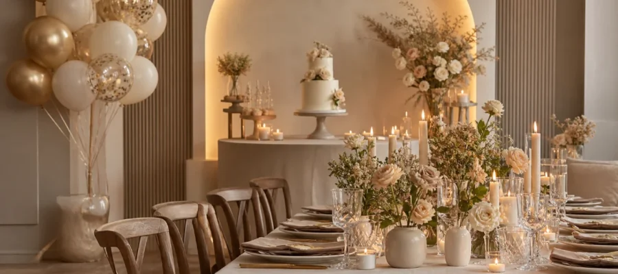 Tema elegante per festa di compleanno con tavola raffinata, fiori, candele e decorazioni chic