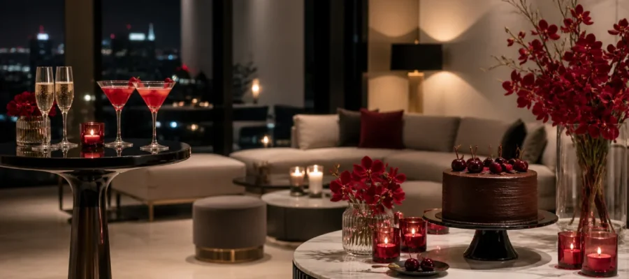 Compleanno adulto moderno con decorazioni chic, luci calde, tavolo elegante e dettagli rosso ciliegia