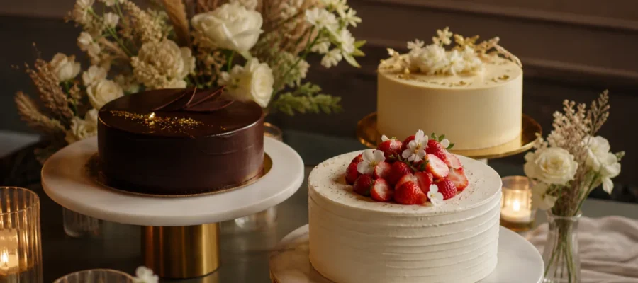 Torte eleganti per compleanno con decorazioni raffinate, cioccolato, fragole, fiori delicati e tavolo moderno