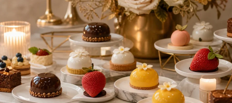 Dessert monoporzione eleganti per compleanno con mini mousse, dolci moderni, glasse lucide e tavolo raffinato