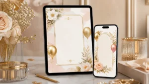 Inviti digitali per festa di compleanno su smartphone con design elegante, dettagli dorati e atmosfera raffinata