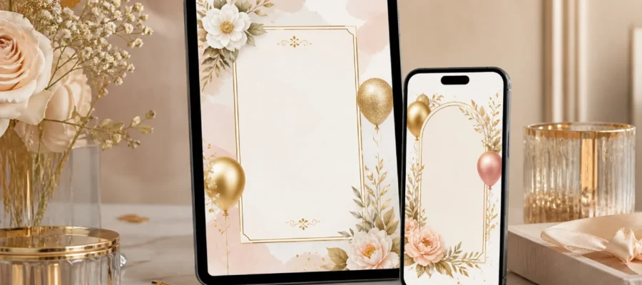 Inviti digitali per festa di compleanno su smartphone con design elegante, dettagli dorati e atmosfera raffinata